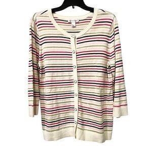 Christopher Banks Striped V neck Button Rainbow Knit Cardigan 3/4 Sleeve Size L
